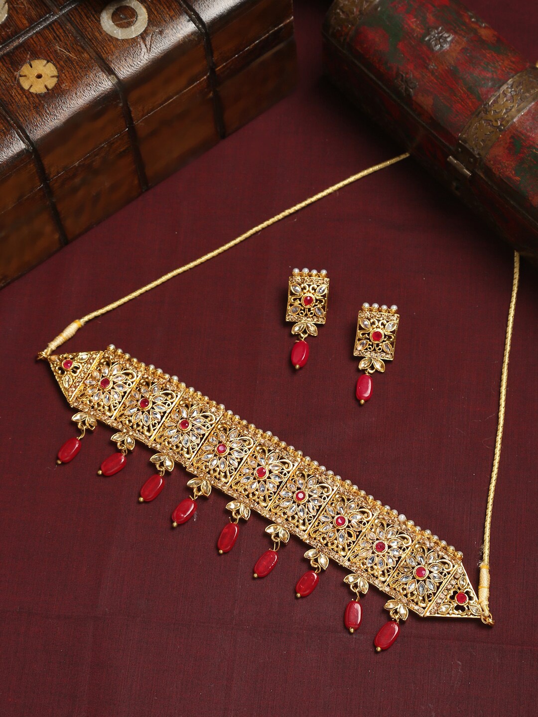 

YouBella Gold-Plated & Red Stone-Studded Jewellery Set