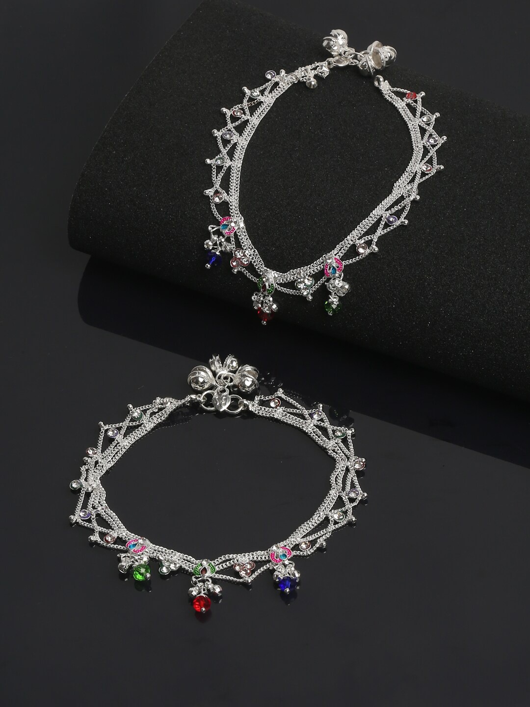 

YouBella Set of 2 Silver-Plated Green & Red Stone Studded & Beaded Anklets