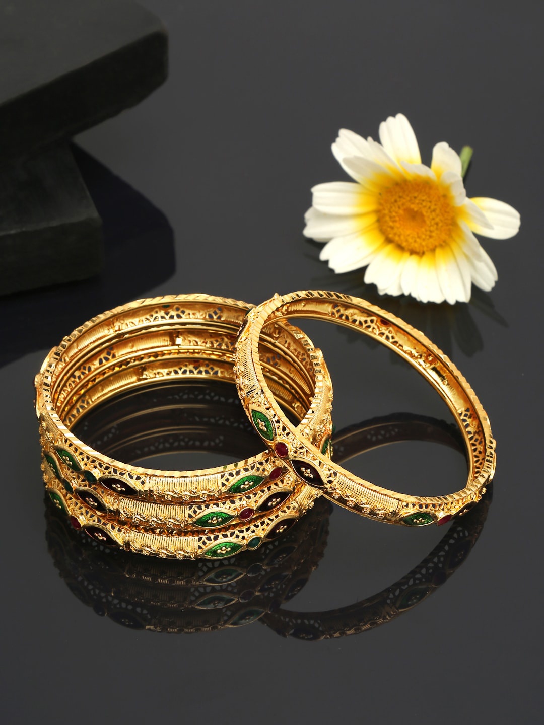 

YouBella Set Of 4 Gold-Plated Red & Green Stone-Studded Bangles