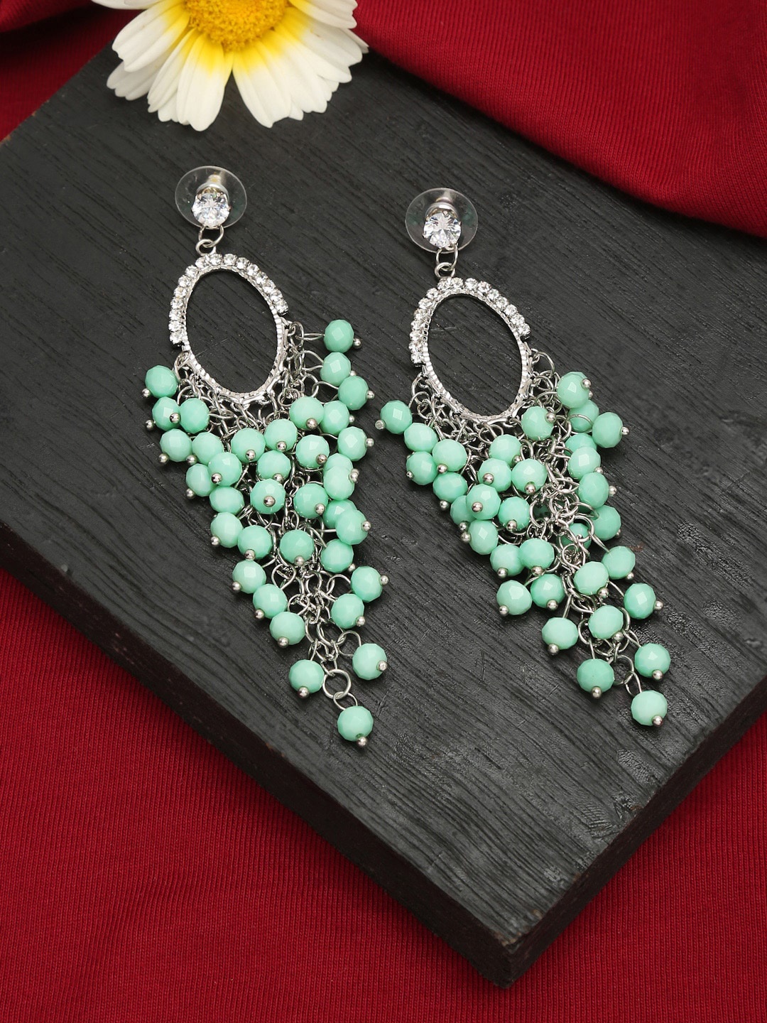 

YouBella Silver-Plated Green Contemporary Drop Earrings
