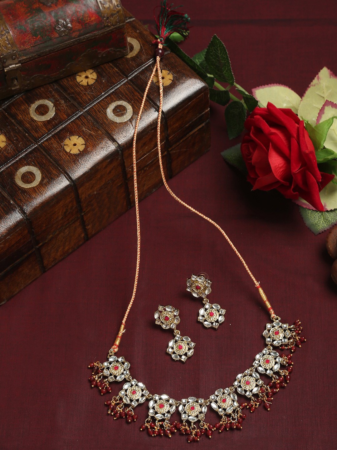

YouBella Red & White-Toned & Gold-Plated Stone-Studded Jewellery Set
