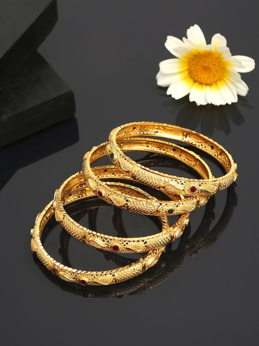 

YouBella Set Of 4 Gold-Plated Red & Green Stones-Studded Bangles