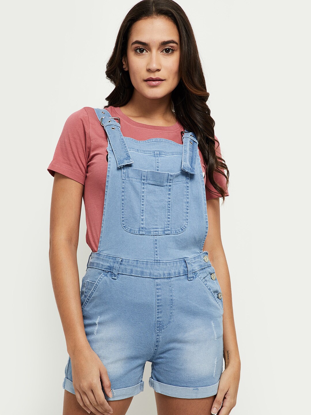 

max Women Blue Solid Denim Dungarees