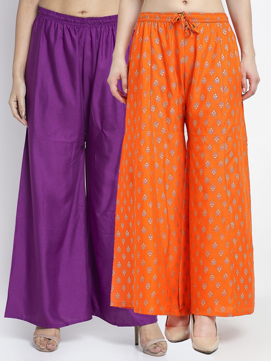 

Jinfo Women Set of 2 Purple & Orange Floral Printed Flared Knitted Palazzos