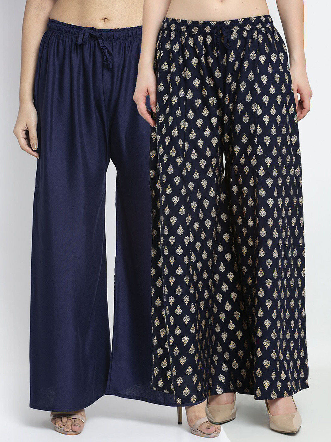 

Jinfo Women Set Of 2 Navy Blue & Gold-Toned Ethnic Motifs Printed Ethnic Palazzos