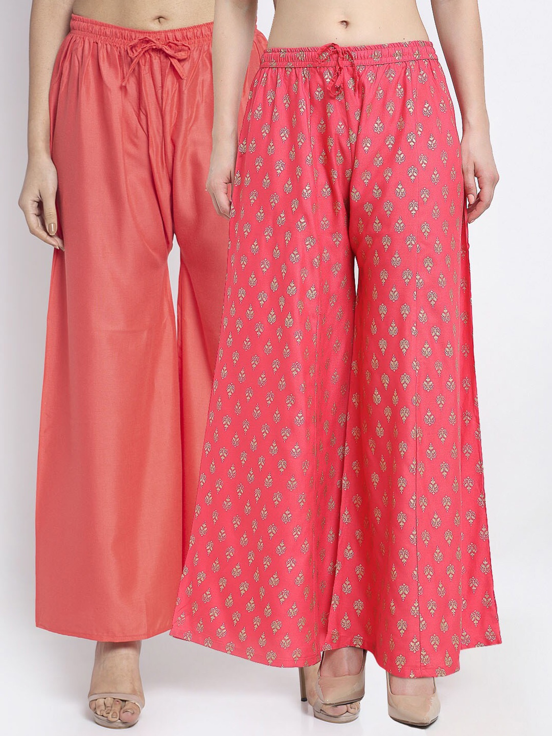 

Jinfo Women Pack of 2 Orange & Pink 2 Floral Printed Flared Palazzos
