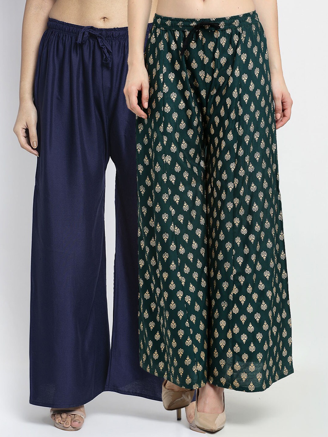 

Jinfo Women Set of 2 Ethnic Motifs Printed Knitted Wide Leg Palazzos, Navy blue