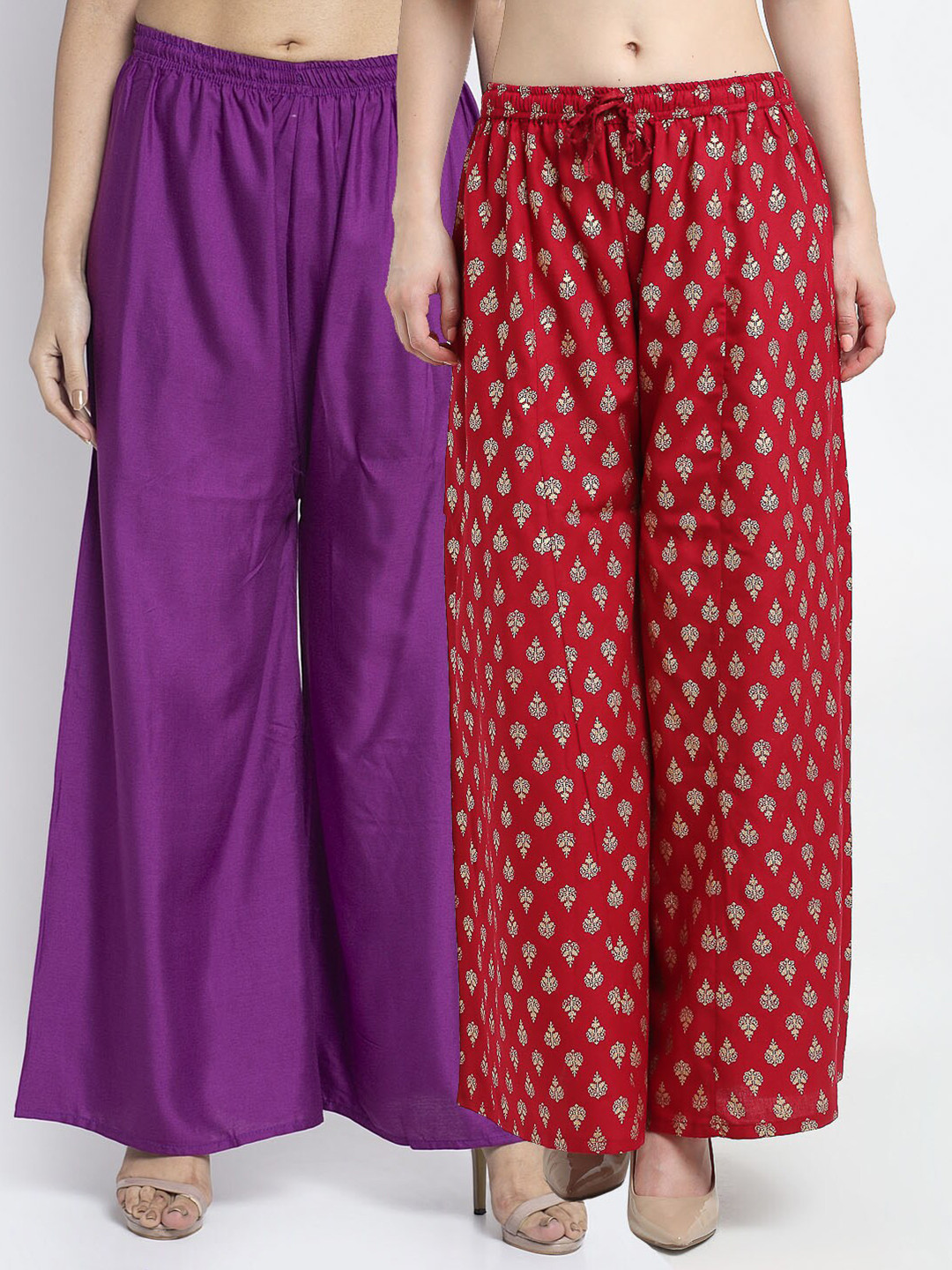 

Jinfo Women Set of 2 Ethnic Motifs Printed Knitted Wide Leg Palazzos, Purple