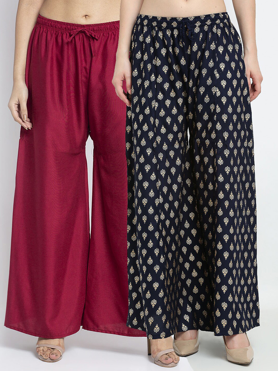 

Jinfo Women Set of 2 Maroon & Navy Blue Floral Printed Flared Knitted Ethnic Palazzos