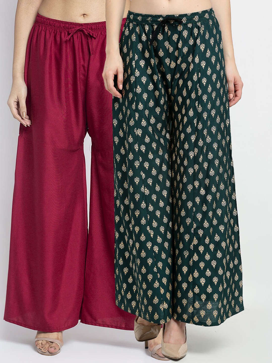 

Jinfo Women Set Of 2 Maroon & Green Ethnic Motifs Printed Ethnic Palazzos