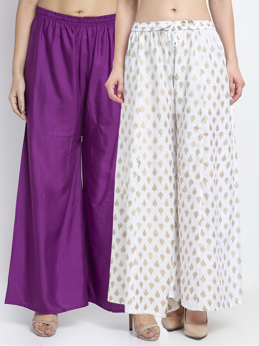 

Jinfo Women Set of 2 Ethnic Motifs Printed Knitted Wide Leg Palazzos, Purple