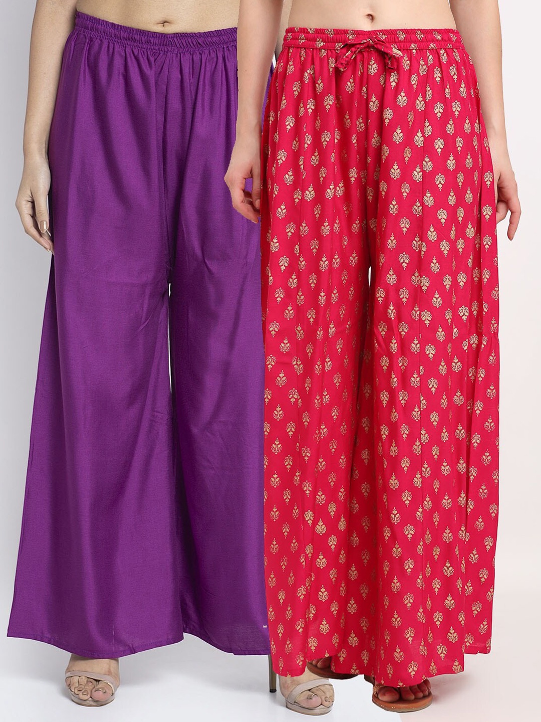 

Jinfo Women Pack of 2 Purple & Pink 2 Ethnic Motifs Flared Knitted Ethnic Palazzos