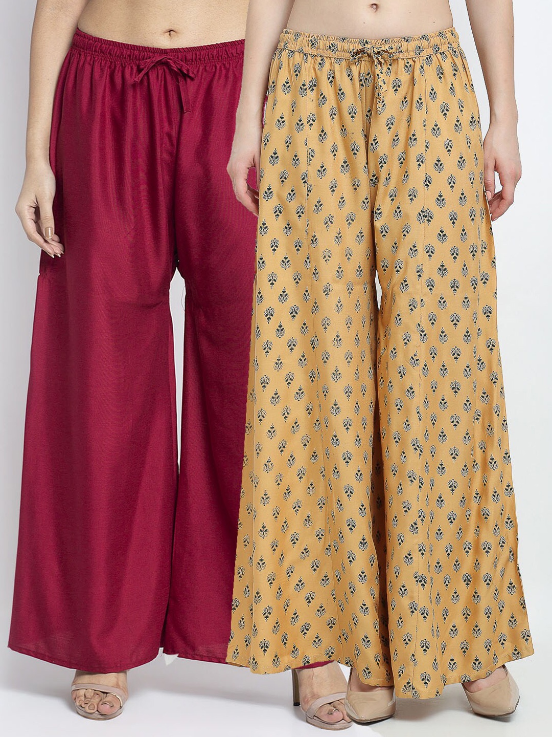 

Jinfo Women Set of 2 Ethnic Motifs Printed Knitted Wide Leg Palazzos, Maroon