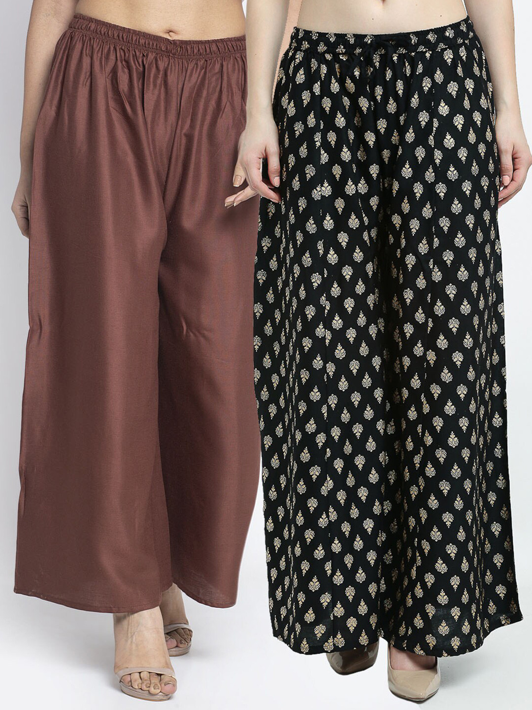 

Jinfo Women Set of 2 Ethnic Motifs Printed Knitted Wide Leg Palazzos, Brown