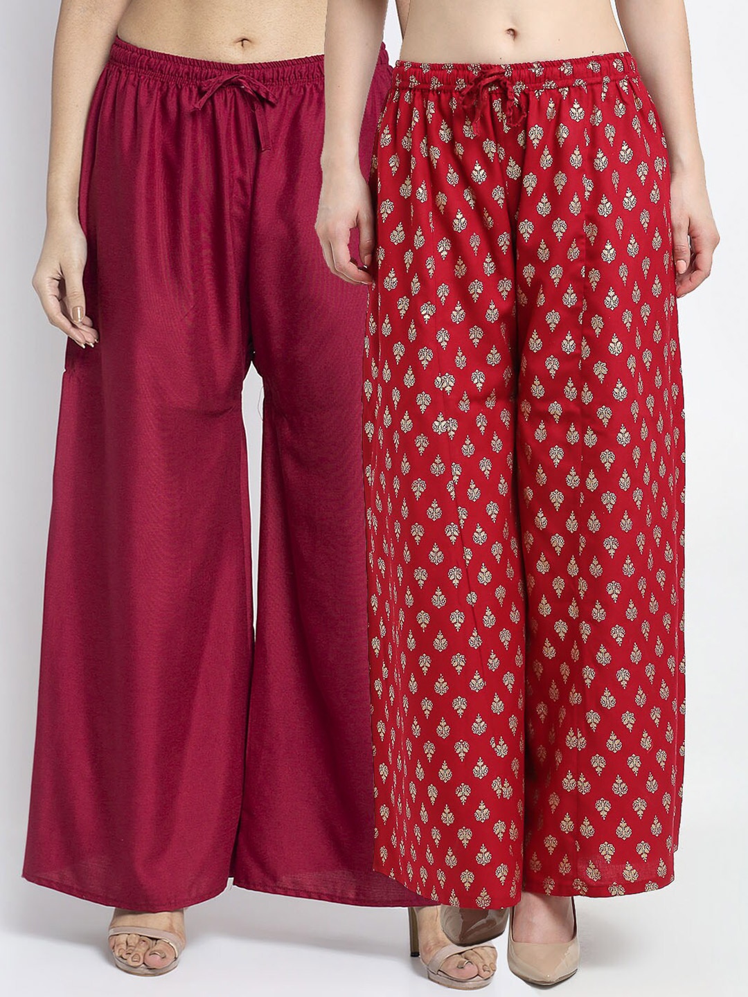 

Jinfo Women Set of 2 Maroon & Gold-Toned Printed Flared Knitted Ethnic Palazzos