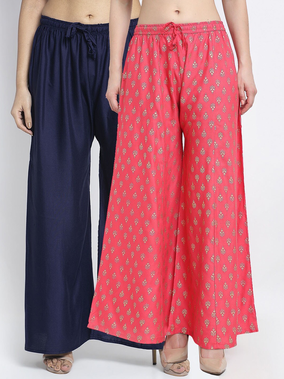 

Jinfo Women Pack of 2 Printed Flared Knitted Ethnic Palazzos, Navy blue