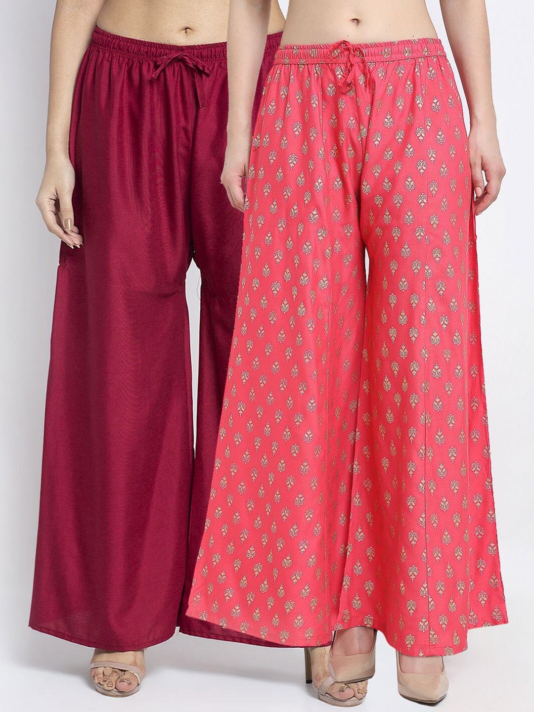 

Jinfo Women Pack of 2 Maroon & Magenta Ethnic Motifs Flared Knitted Ethnic Palazzos