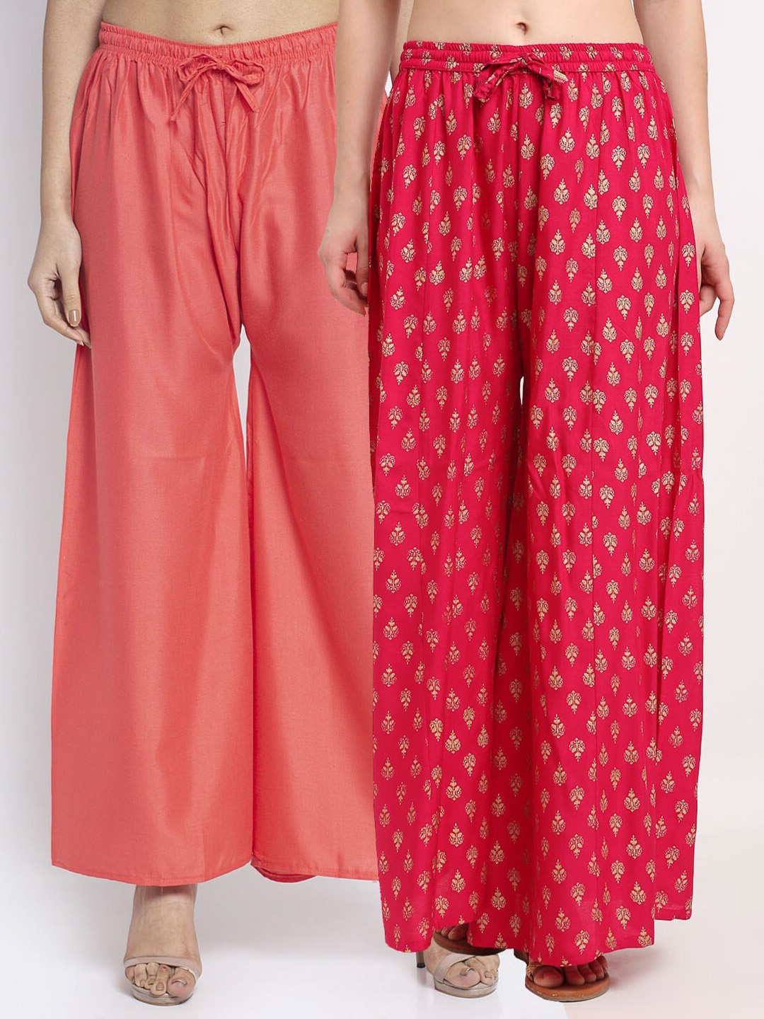 

Jinfo Women Peach-Coloured & Pink 2 Flared Knitted Ethnic Palazzos