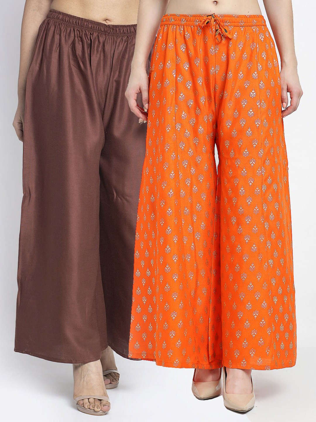 

Jinfo Women Pack of 2 Ethnic Motifs Printed Flared Knitted Ethnic Palazzos, Brown