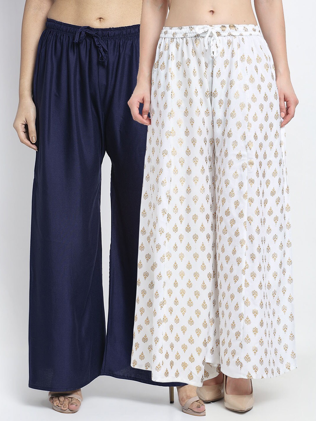 

Jinfo Women Set Of 2 Navy Blue & White Ethnic Motifs Printed Ethnic Palazzos