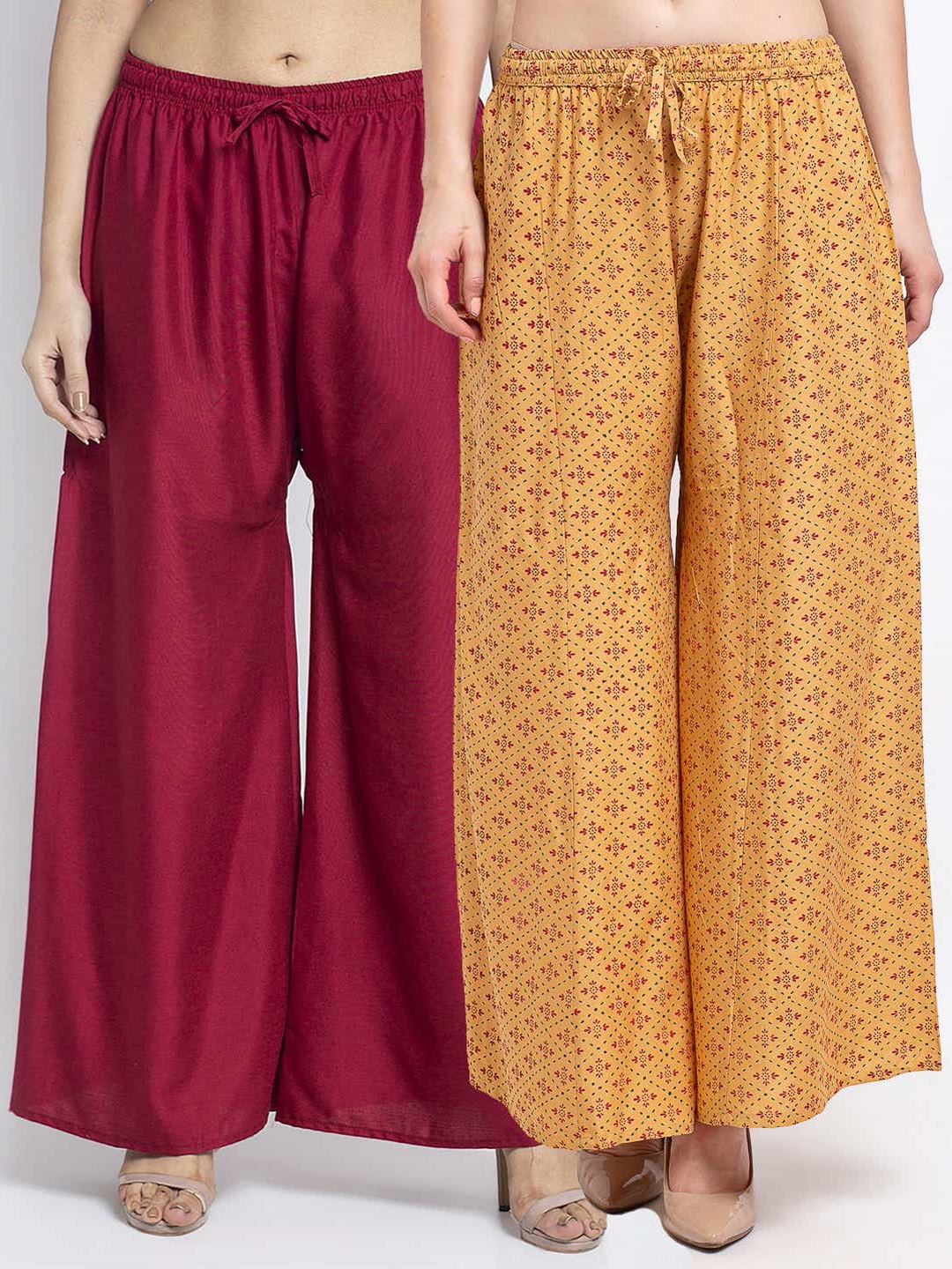 

Jinfo Women Set of 2 Maroon & Beige Printed Flared Knitted Ethnic Palazzos