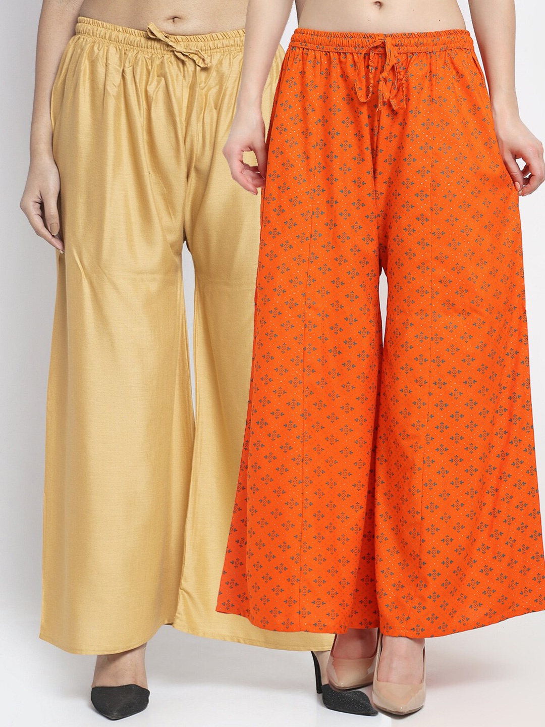 

Jinfo Women Pack Of 2 Beige & Orange Printed Flared Palazzos