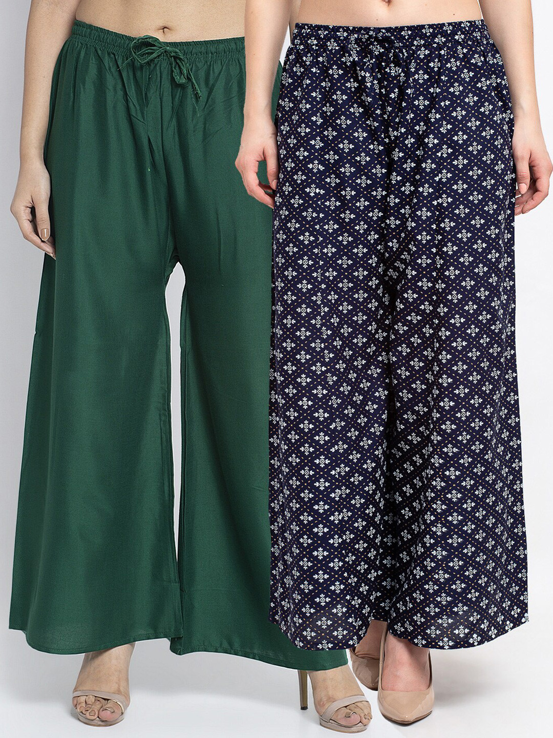 

Jinfo Women Green & Navy Blue 2 Flared Knitted Ethnic Palazzos
