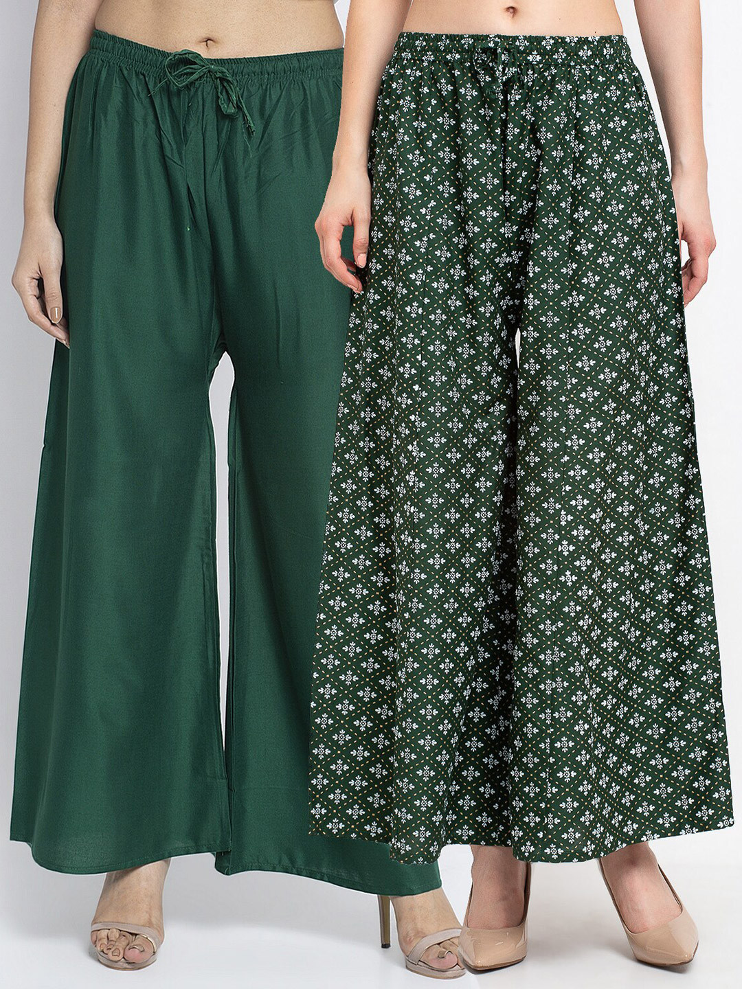 

Jinfo Women Pack of 2 Printed Flared Knitted Ethnic Palazzos, Green