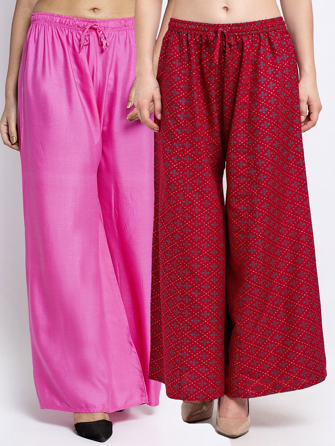 

Jinfo Women Set of 2 Pink & Maroon Printed Flared Knitted Ethnic Palazzos