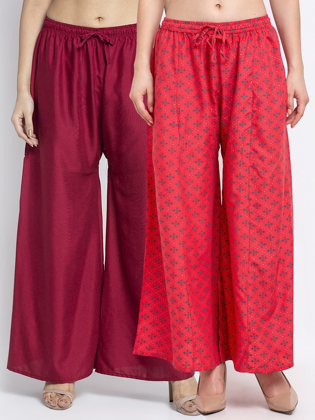 

Jinfo Women Set of 2 Ethnic Motifs Printed Knitted Wide Leg Palazzos, Maroon