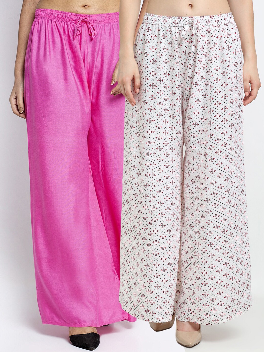

Jinfo Women Set of 2 Ethnic Motifs Printed Knitted Wide Leg Palazzos, Pink