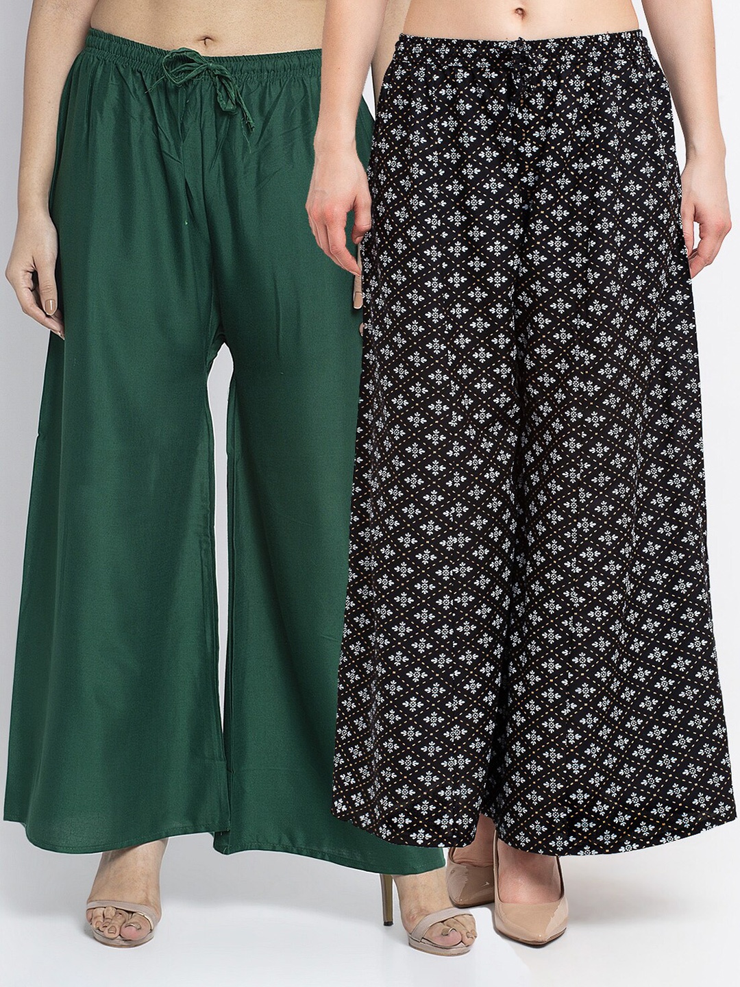 

Jinfo Women Set of 2 Green & Black Printed Flared Knitted Ethnic Palazzos