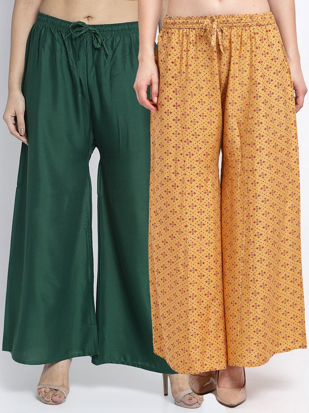 

Jinfo Women Set of 2 Ethnic Motifs Printed Knitted Wide Leg Palazzos, Green