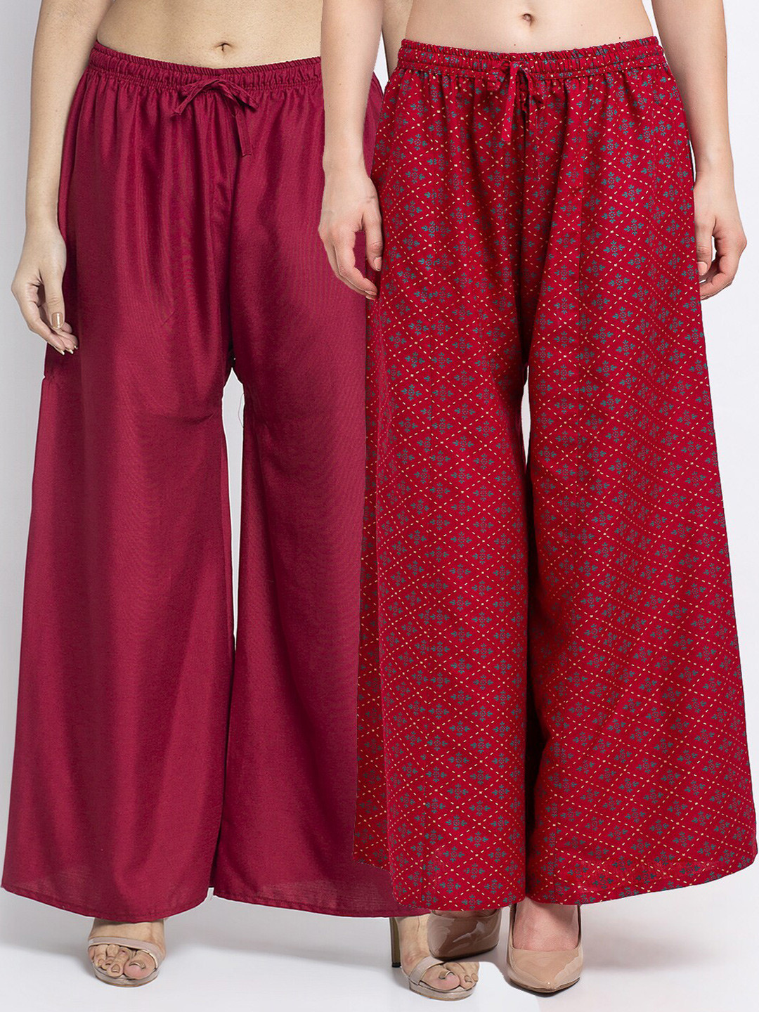 

Jinfo Women Set of 2 Ethnic Motifs Printed Knitted Wide Leg Palazzos, Maroon