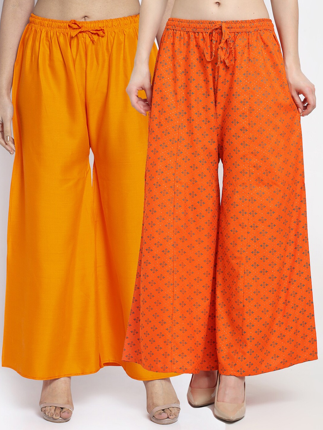 

Jinfo Women Set of 2 Ethnic Motifs Printed Knitted Wide Leg Palazzos, Orange