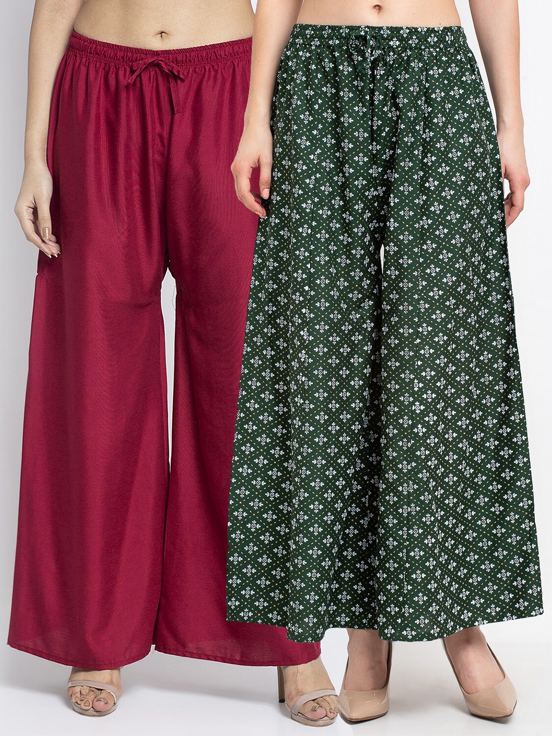 

Jinfo Women Maroon & Green 2 Flared Knitted Ethnic Palazzos