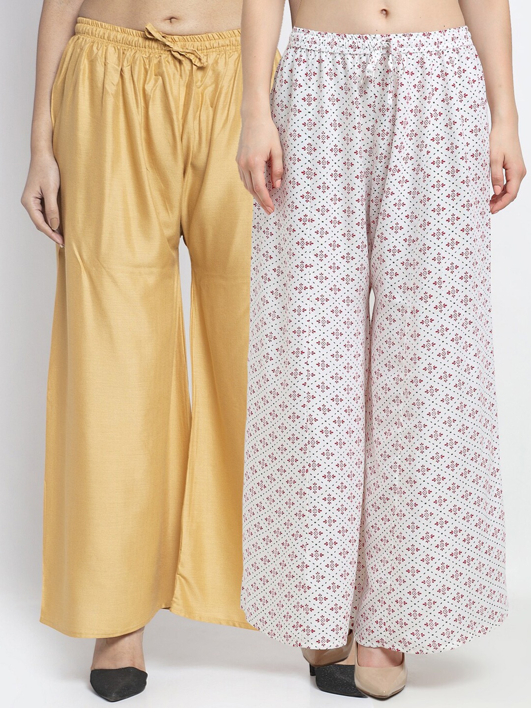 

Jinfo Women Pack of 2 Beige & White Ethnic Motifs Printed Flared Knitted Ethnic Palazzos