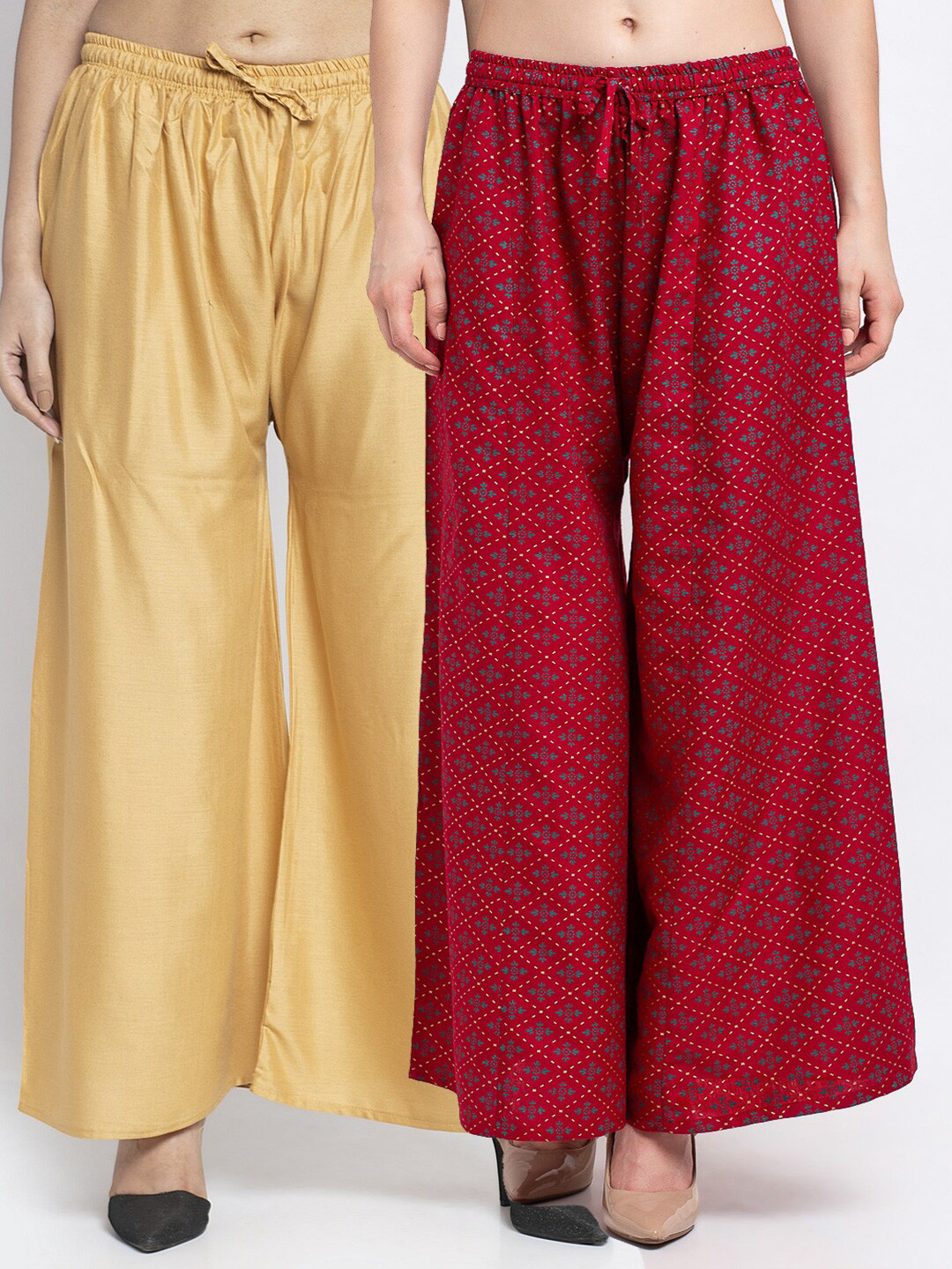 

Jinfo Women Pack Of 2 Beige & Maroon Printed Flared Palazzos