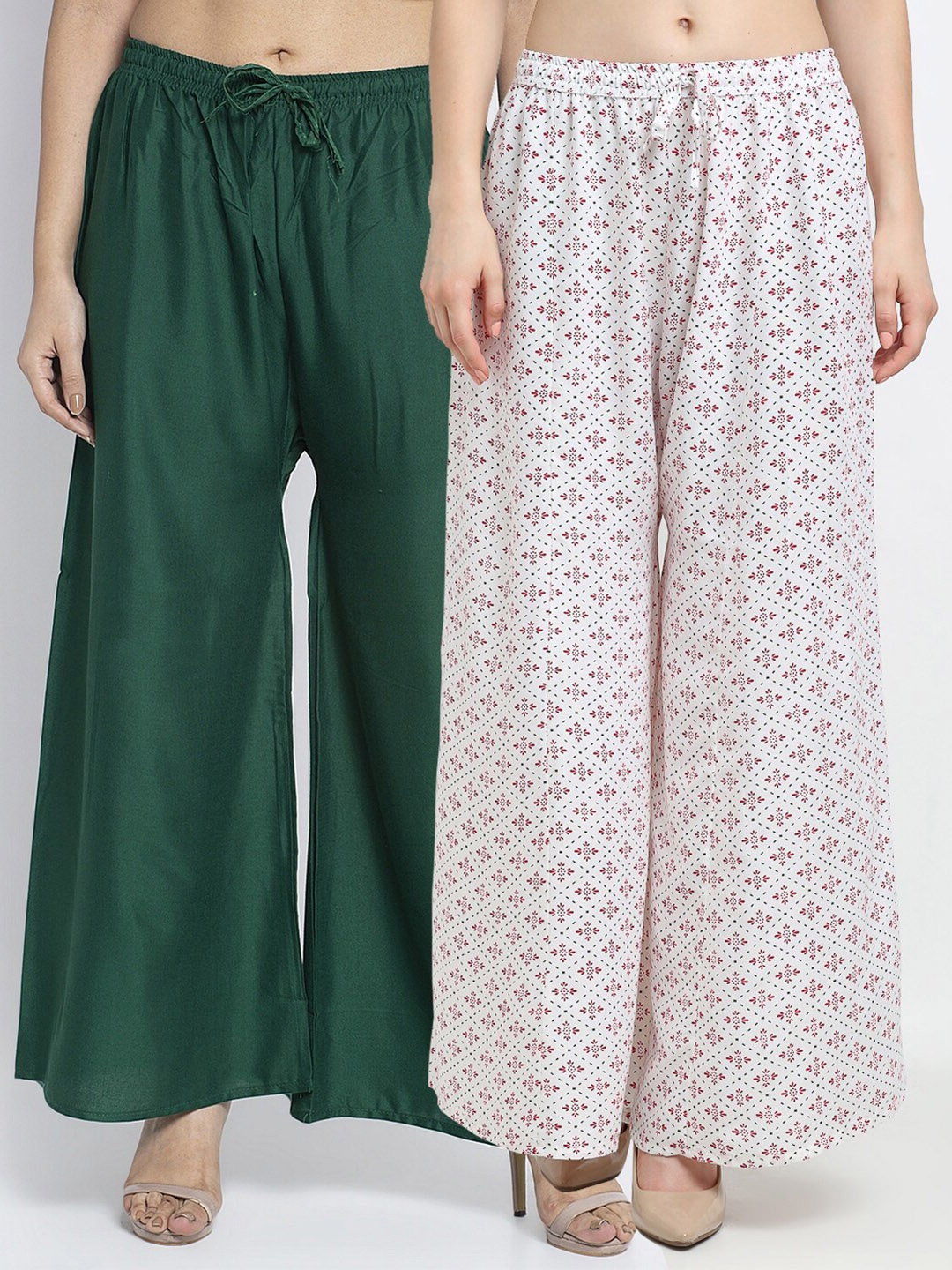 

Jinfo Women Pack of 2 Floral Printed Flared Knitted Ethnic Palazzos, Green