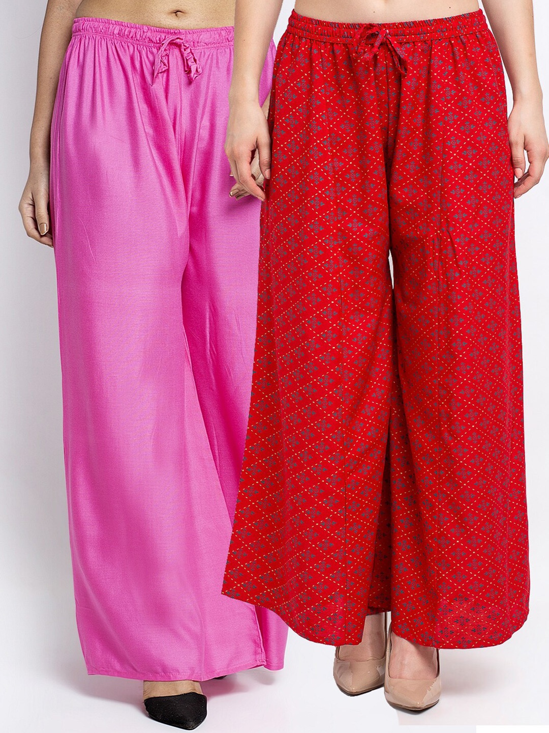 

Jinfo Women Pink & Red 2 Flared Knitted Ethnic Palazzos