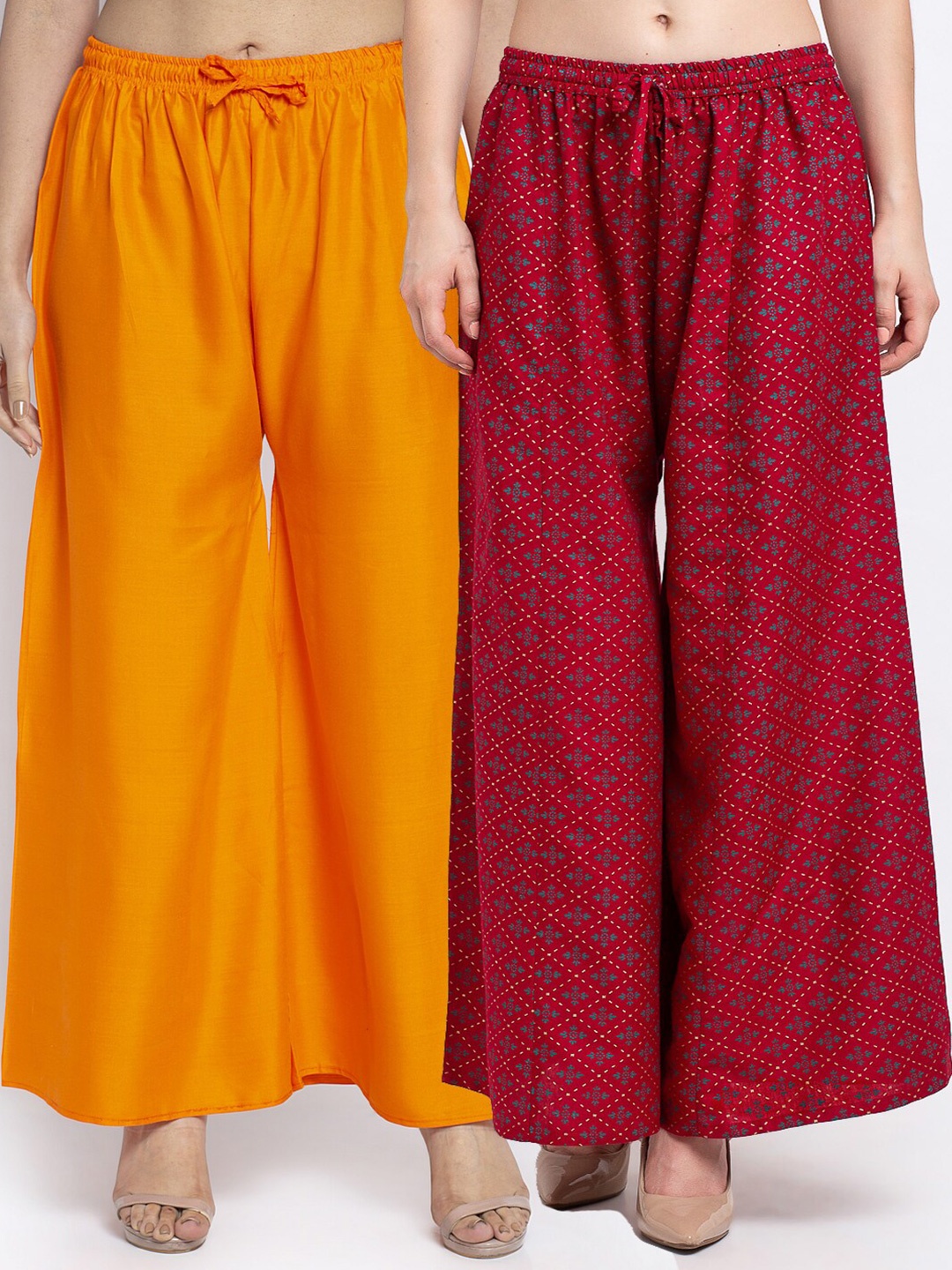

Jinfo Women Pack of 2 Ethnic Motifs Printed Flared Knitted Ethnic Palazzos, Orange