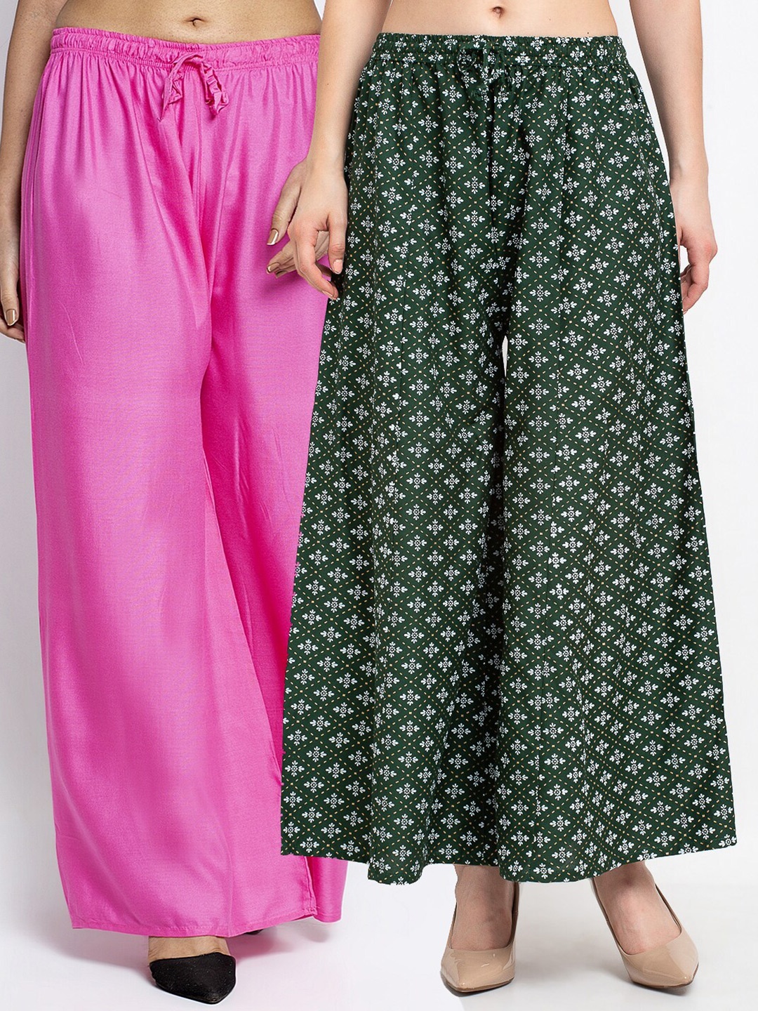 

Jinfo Women Magenta & Green Pack of 2 Printed Flared Knitted Ethnic Palazzos