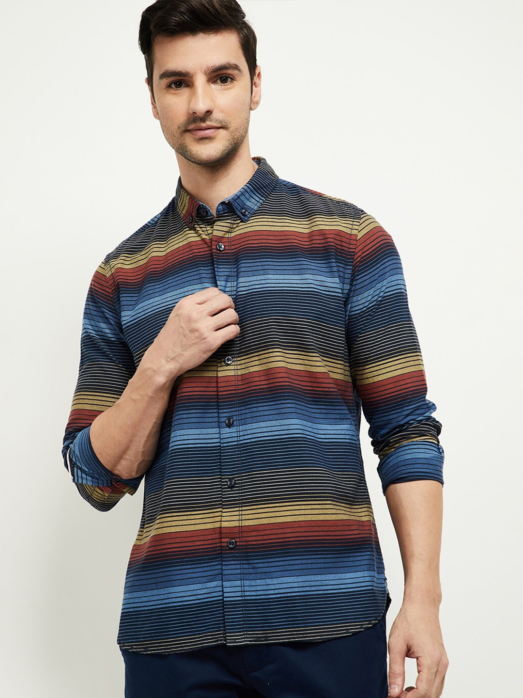 

max Men Blue & Rust Red Cotton Striped Casual Shirt