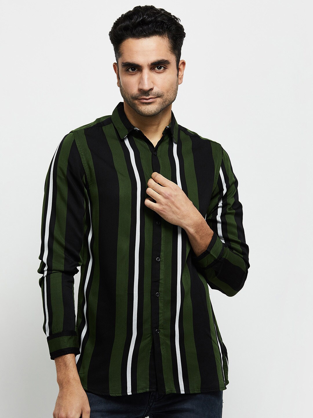 

max Men Olive Green & Black Striped Casual Shirt