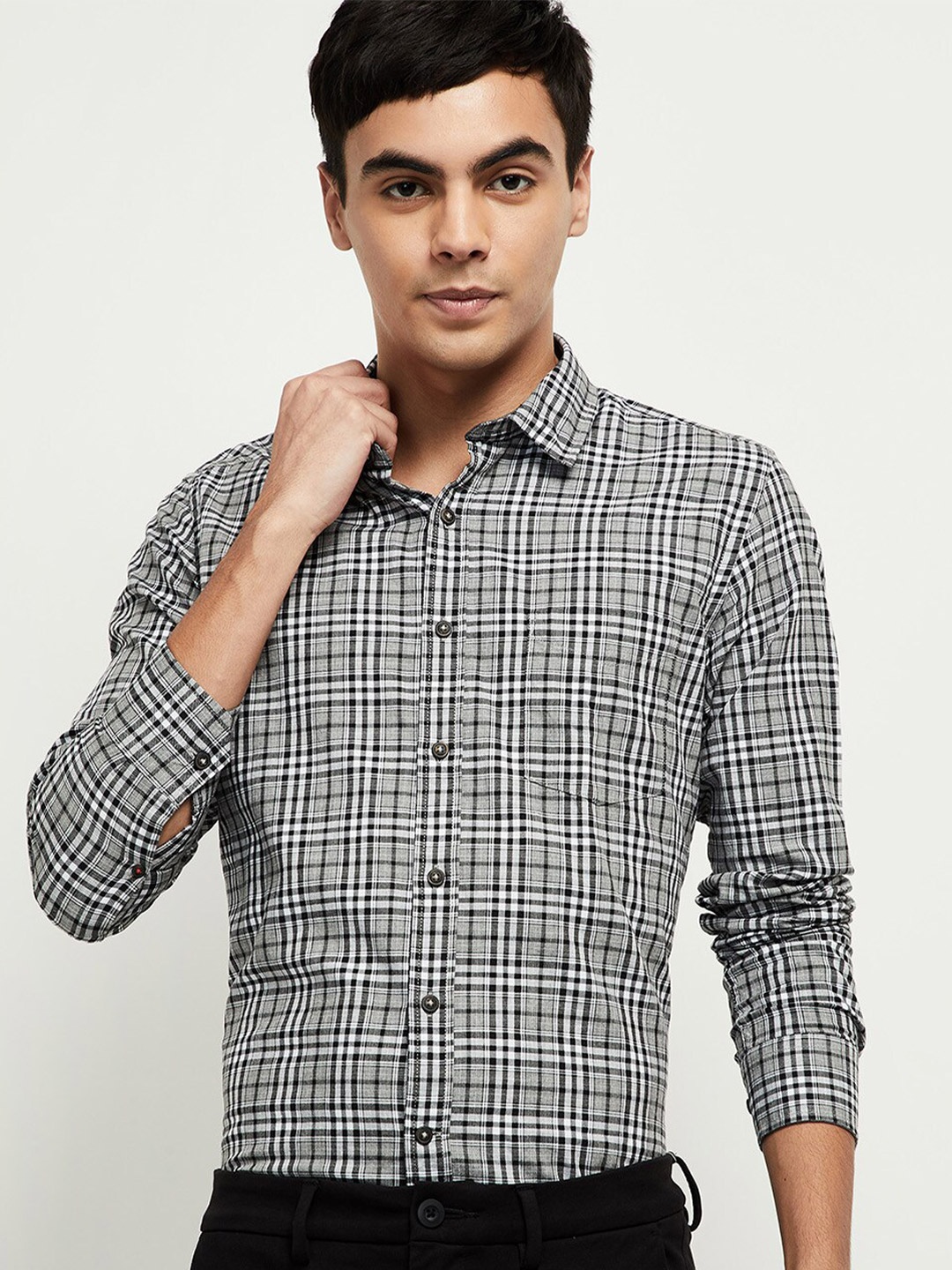

max Men Grey & Black Tartan Checked Pure Cotton Casual Shirt