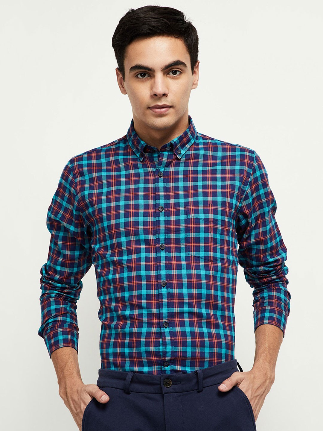 

max Men Blue Tartan Checked Pure Cotton Casual Shirt