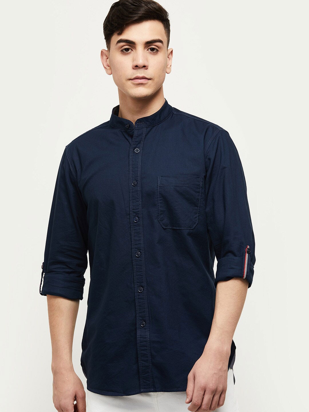 

max Men Blue Mandarin Collar Roll-Up Sleeves Casual Shirt