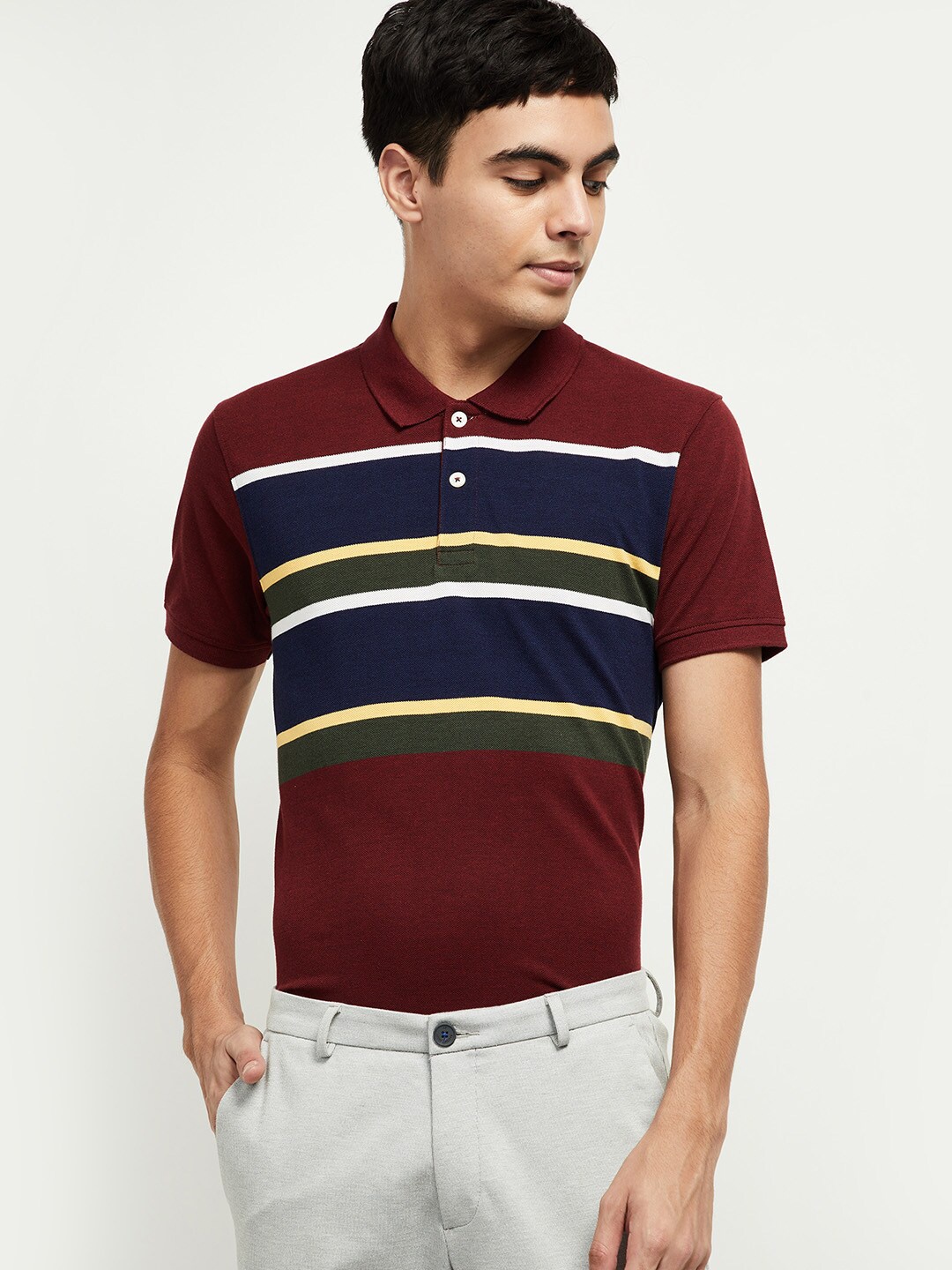 

max Men Maroon Striped Polo Collar T-shirt