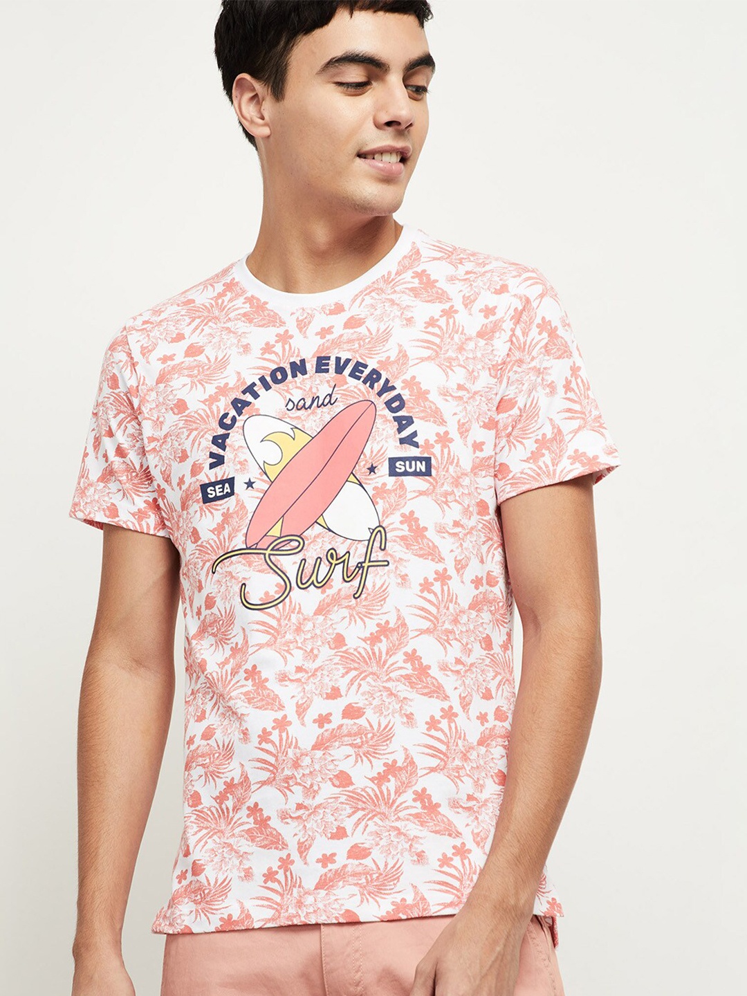 

max Men White & Rust Red Cotton Printed T-shirt