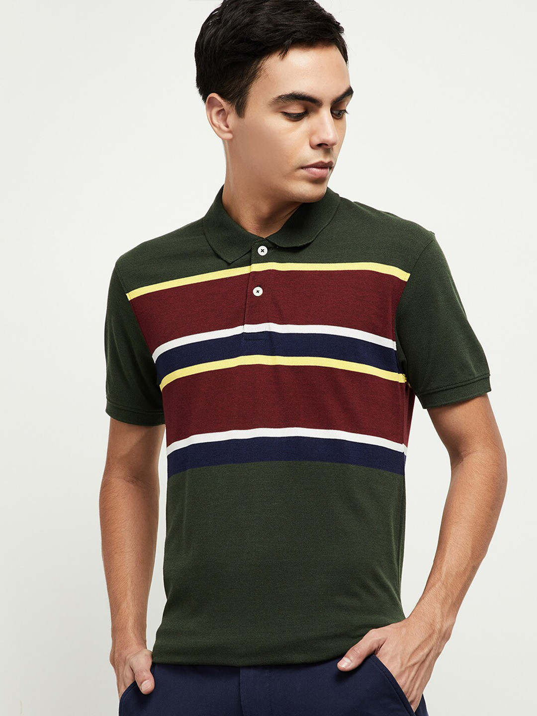 

max Men Green Striped Polo Collar T-shirt